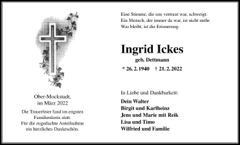 Traueranzeige von Ingrid Ickes von Kreis-Anzeiger