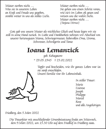 Traueranzeige von Ioana Lemanzick von Wetterauer Zeitung