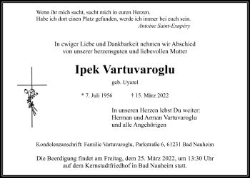 Traueranzeige von Ipek Vartuvaroglu von Wetterauer Zeitung