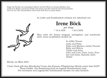 Traueranzeige von Irene Böck von Giessener Allgemeine, Alsfelder Allgemeine