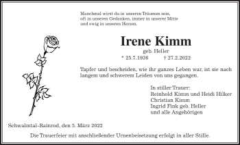 Traueranzeige von Irene Kimm von Alsfelder Allgemeine