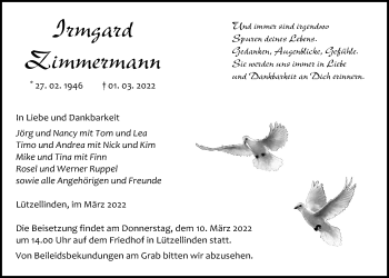 Traueranzeige von Irmgard Zimmermann von Giessener Anzeiger, Giessener Allgemeine, Alsfelder Allgemeine