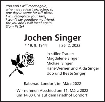 Traueranzeige von Jochen Singer von Giessener Anzeiger, Rabenauer Zeitung