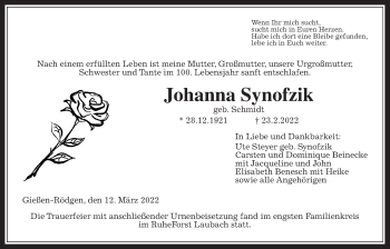 Traueranzeige von Johanna Synofzik von Giessener Allgemeine, Alsfelder Allgemeine, Giessener Anzeiger