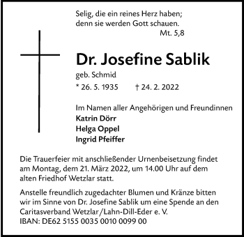 Traueranzeige von Josefine Sablik von Giessener Anzeiger