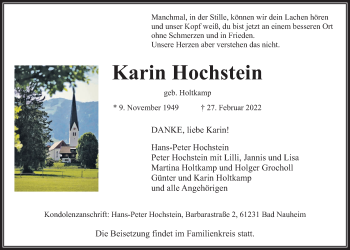 Traueranzeige von Karin Hochstein von Wetterauer Zeitung