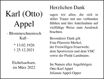 Traueranzeige von Karl Appel von Kreis-Anzeiger