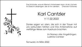 Traueranzeige von Karl Cantzler von Giessener Allgemeine, Alsfelder Allgemeine, Giessener Anzeiger
