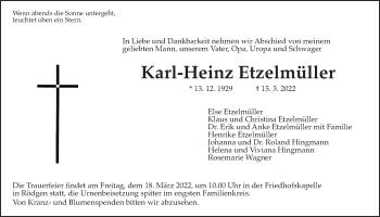 Traueranzeige von Karl-Heinz Etzelmüller von Giessener Allgemeine, Alsfelder Allgemeine, Giessener Anzeiger