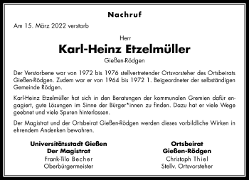 Traueranzeige von Karl-Heinz Etzelmüller von Giessener Allgemeine, Alsfelder Allgemeine, Giessener Anzeiger