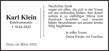 Traueranzeige von Karl Klein von Giessener Allgemeine, Alsfelder Allgemeine
