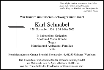 Traueranzeige von Karl Schnabel von Usinger Anzeiger