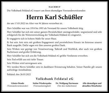 Traueranzeige von Karl Schüßler von Alsfelder Allgemeine
