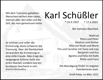 Traueranzeige von Karl Schüßler von Alsfelder Allgemeine