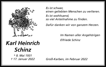 Traueranzeige von Karl Heinrich Schinz von Wetterauer Zeitung, Bad Vilbel/Karben