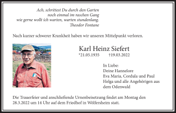 Traueranzeige von Karl Heinz Siefert von Wetterauer Zeitung