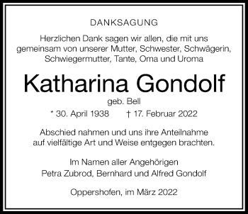 Traueranzeige von Katharina Gondolf von Wetterauer Zeitung