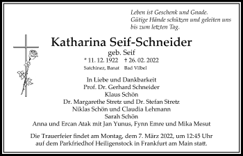 Traueranzeige von Katharina Seif-Schneider von Bad Vilbel/Karben