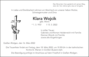 Traueranzeige von Klara Wojcik von Alsfelder Allgemeine, Giessener Allgemeine, Giessener Anzeiger