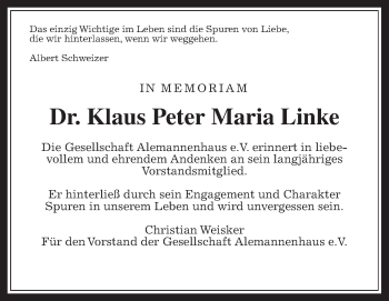 Traueranzeige von Klaus Peter Maria Linke von Wetterauer Zeitung