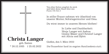 Traueranzeige von Langer Christa von Giessener Anzeiger, Giessener Allgemeine, Alsfelder Allgemeine
