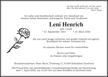 Traueranzeige von Leni Henrich von Usinger Anzeiger