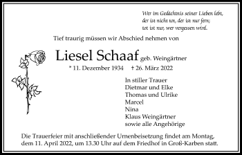 Traueranzeige von Liesel Schaaf von Bad Vilbel/Karben