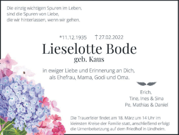 Traueranzeige von Lieselotte Bode von Kreis-Anzeiger