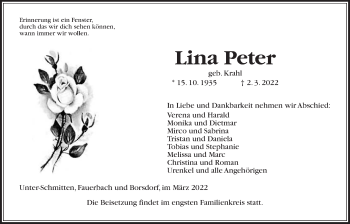 Traueranzeige von Lina Peter von Kreis-Anzeiger