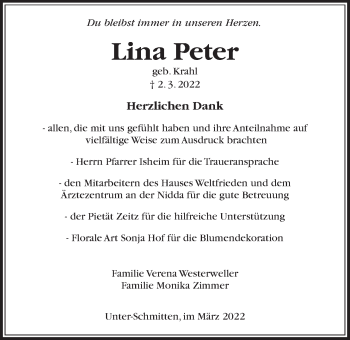 Traueranzeige von Lina Peter von Kreis-Anzeiger