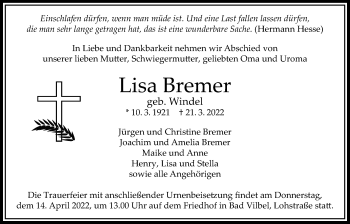 Traueranzeige von Lisa Bremer von Bad Vilbel/Karben