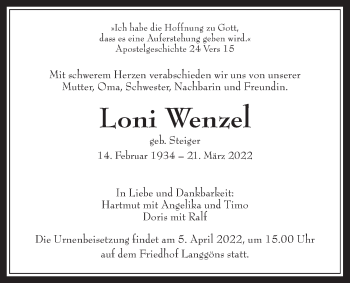 Traueranzeige von Loni Wenzel von Giessener Anzeiger, Giessener Allgemeine, Alsfelder Allgemeine