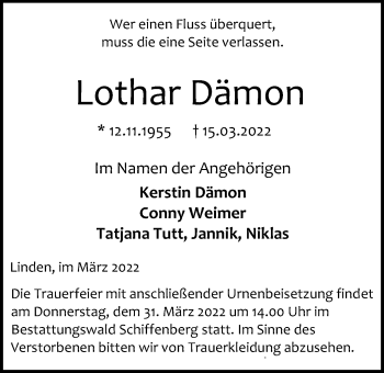 Traueranzeige von Lothar Dämon von Giessener Anzeiger