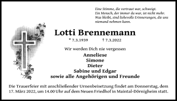 Traueranzeige von Lotti Brennemann von Wetterauer Zeitung