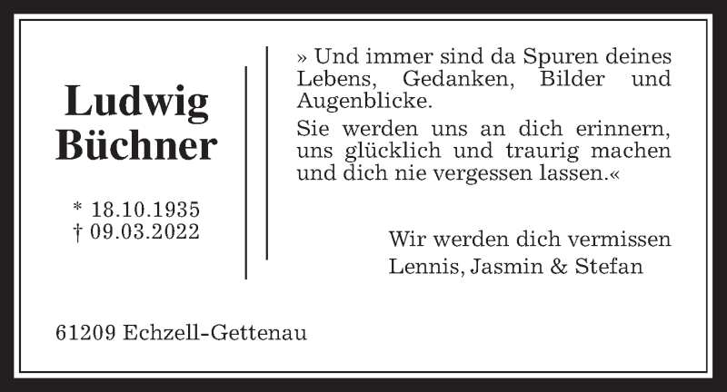  Traueranzeige für Ludwig Büchner vom 12.03.2022 aus Wetterauer Zeitung