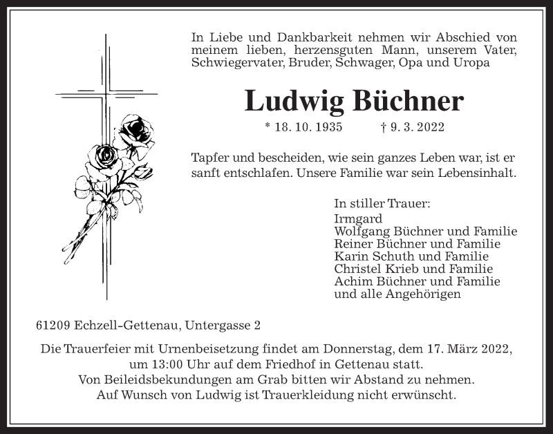  Traueranzeige für Ludwig Büchner vom 12.03.2022 aus Wetterauer Zeitung