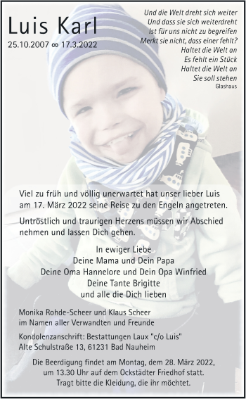Traueranzeige von Luis Karl Scheer von Wetterauer Zeitung