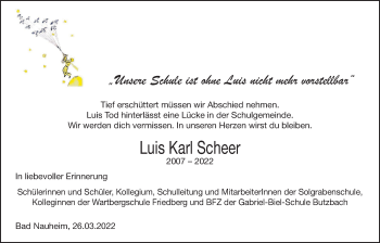 Traueranzeige von Luis Karl Scheer von Wetterauer Zeitung