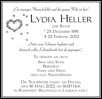 Traueranzeige von Lydia Heller von Wetterauer Zeitung