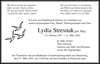 Traueranzeige von Lydia Stresnak von Bad Vilbel/Karben