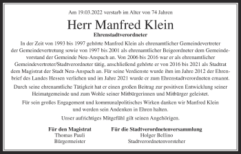 Traueranzeige von Manfred Klein von Usinger Anzeiger