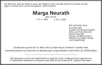 Traueranzeige von Marga Neurath von Giessener Allgemeine, Alsfelder Allgemeine, Giessener Anzeiger
