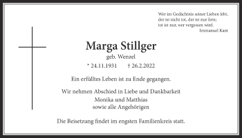 Traueranzeige von Marga Stillger 