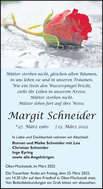 Traueranzeige von Margit Schneider von Kreis-Anzeiger