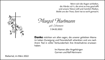 Traueranzeige von Margot Hartmann von Giessener Anzeiger