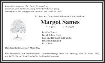 Traueranzeige von Margot Sames von Giessener Allgemeine, Alsfelder Allgemeine, Giessener Anzeiger