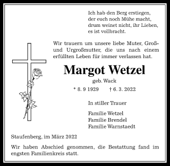 Traueranzeige von Margot Wetzel von Giessener Anzeiger