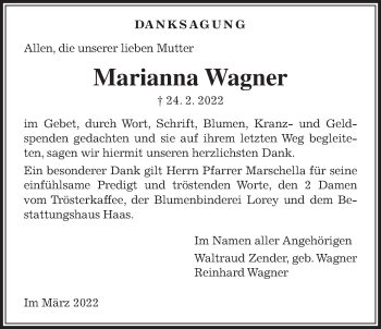 Traueranzeige von Marianna Wagner von Kreis-Anzeiger