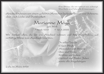 Traueranzeige von Marianne Mogk von Licher Wochenblatt