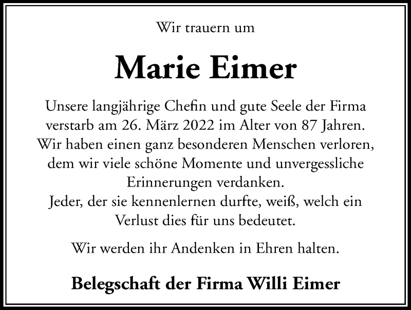  Traueranzeige für Marie Eimer vom 31.03.2022 aus Giessener Allgemeine, Alsfelder Allgemeine, Giessener Anzeiger